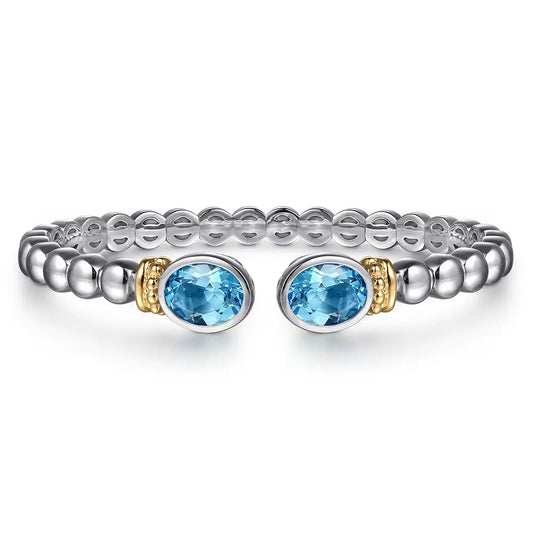 Gabriel & Co., 14K Yellow Gold and 925 Sterling Silver Bujukan Blue Topaz Open Bangle Bracelet