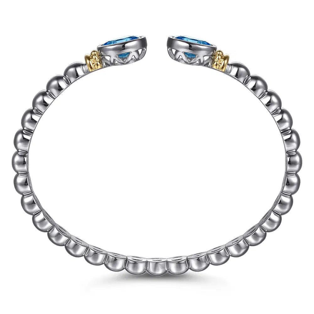 Gabriel & Co., 14K Yellow Gold and 925 Sterling Silver Bujukan Blue Topaz Open Bangle Bracelet