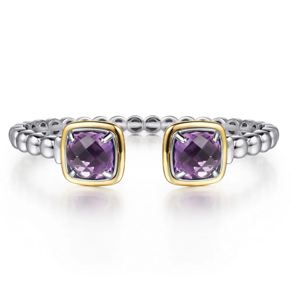 Gabriel & Co., 14K Yellow Gold and 925 Sterling Silver Bujukan Cushion Amethyst Bangle Bracelet