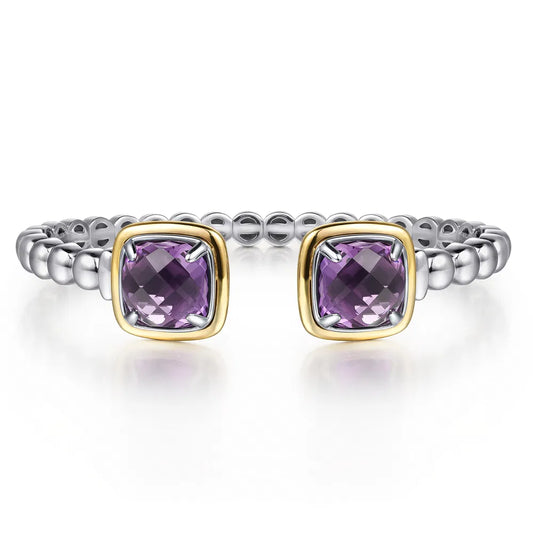 Gabriel & Co., 14K Yellow Gold and 925 Sterling Silver Bujukan Cushion Amethyst Bangle Bracelet