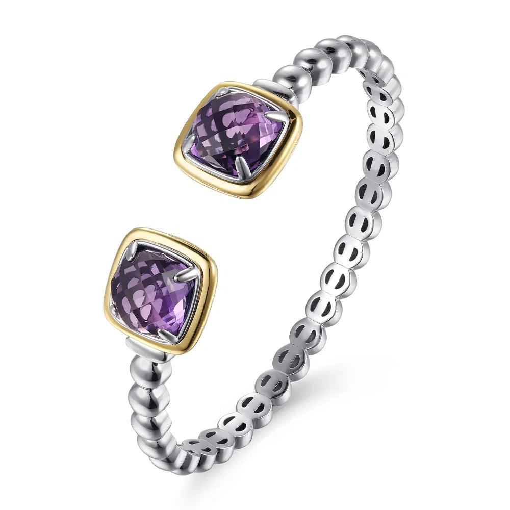 Gabriel & Co., 14K Yellow Gold and 925 Sterling Silver Bujukan Cushion Amethyst Bangle Bracelet