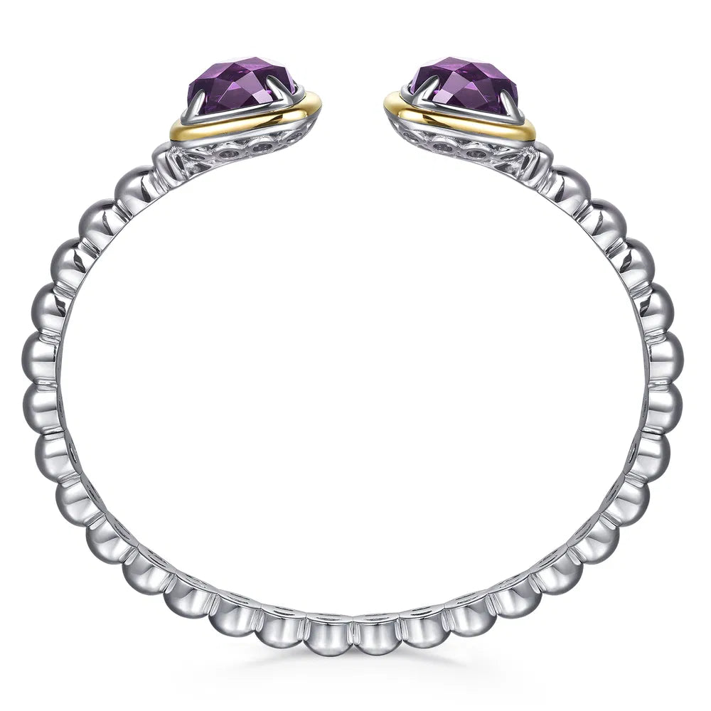 Gabriel & Co., 14K Yellow Gold and 925 Sterling Silver Bujukan Cushion Amethyst Bangle Bracelet