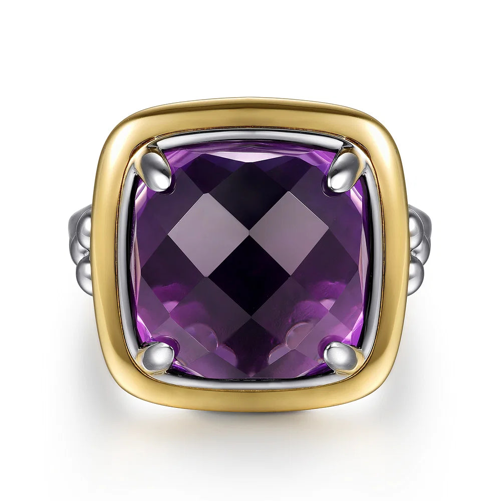 Gabriel & Co., 14K Yellow Gold and 925 Sterling Silver Bujukan Cushion Amethyst Cocktail Ring