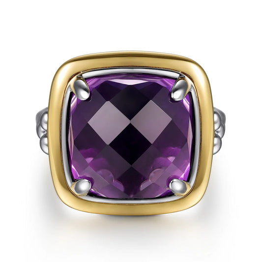 Gabriel & Co., 14K Yellow Gold and 925 Sterling Silver Bujukan Cushion Amethyst Cocktail Ring