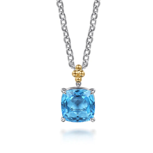 Gabriel & Co., 14K Yellow Gold and 925 Sterling Silver Bujukan Cushion Blue Topaz Pendant Necklace