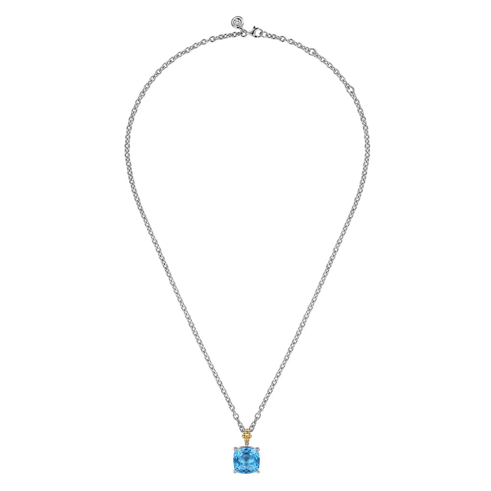 Gabriel & Co., 14K Yellow Gold and 925 Sterling Silver Bujukan Cushion Blue Topaz Pendant Necklace