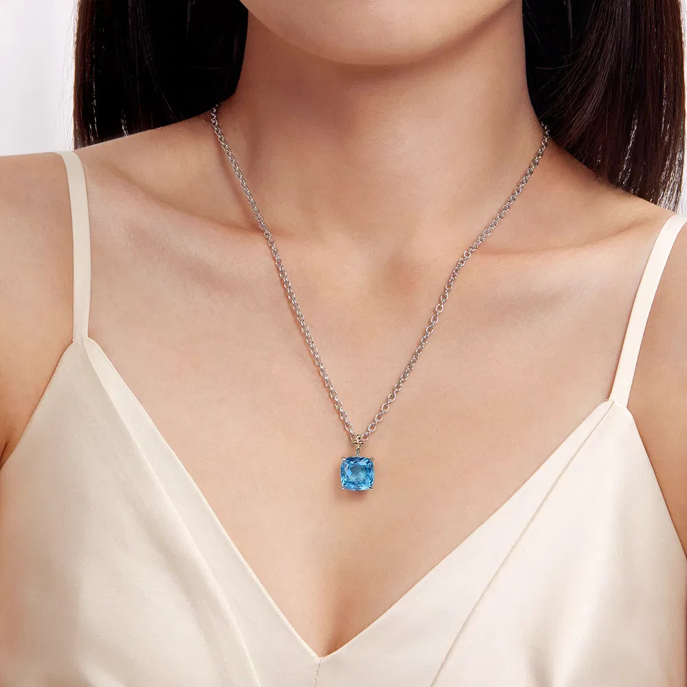 Gabriel & Co., 14K Yellow Gold and 925 Sterling Silver Bujukan Cushion Blue Topaz Pendant Necklace