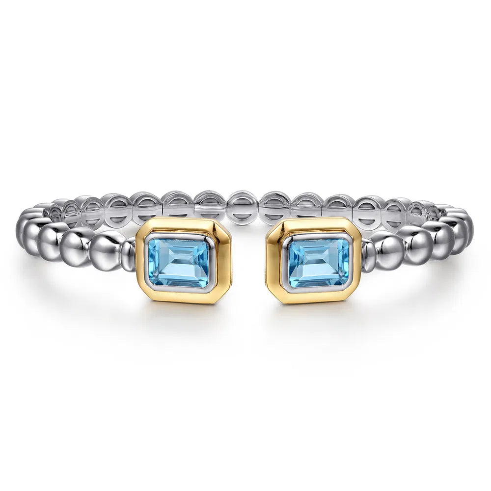 Gabriel & Co., 14K Yellow Gold and 925 Sterling Silver Bujukan Octagon Blue Topaz Bangle Bracelet