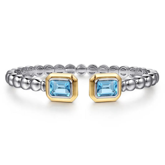 Gabriel & Co., 14K Yellow Gold and 925 Sterling Silver Bujukan Octagon Blue Topaz Bangle Bracelet