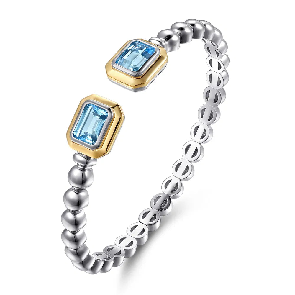 Gabriel & Co., 14K Yellow Gold and 925 Sterling Silver Bujukan Octagon Blue Topaz Bangle Bracelet