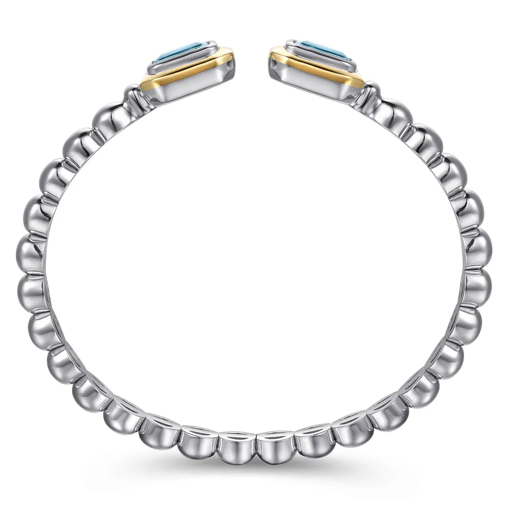 Gabriel & Co., 14K Yellow Gold and 925 Sterling Silver Bujukan Octagon Blue Topaz Bangle Bracelet