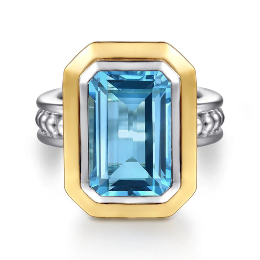 Gabriel & Co., 14K Yellow Gold and 925 Sterling Silver Bujukan Octagon Blue Topaz Cocktail Ring