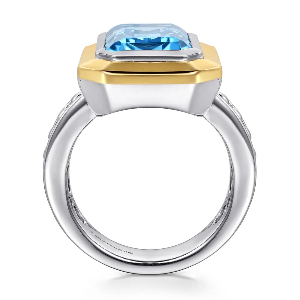 Gabriel & Co., 14K Yellow Gold and 925 Sterling Silver Bujukan Octagon Blue Topaz Cocktail Ring