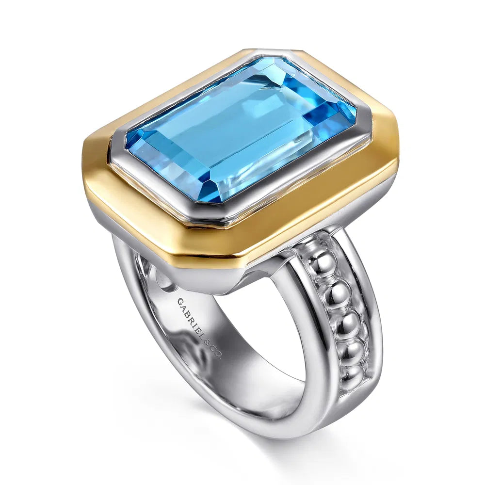 Gabriel & Co., 14K Yellow Gold and 925 Sterling Silver Bujukan Octagon Blue Topaz Cocktail Ring