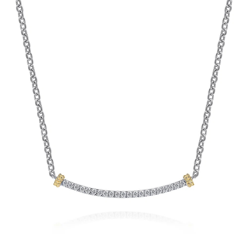 Gabriel & Co., 14K Yellow Gold and 925 Sterling Silver Bujukan White Sapphire Bar Necklace