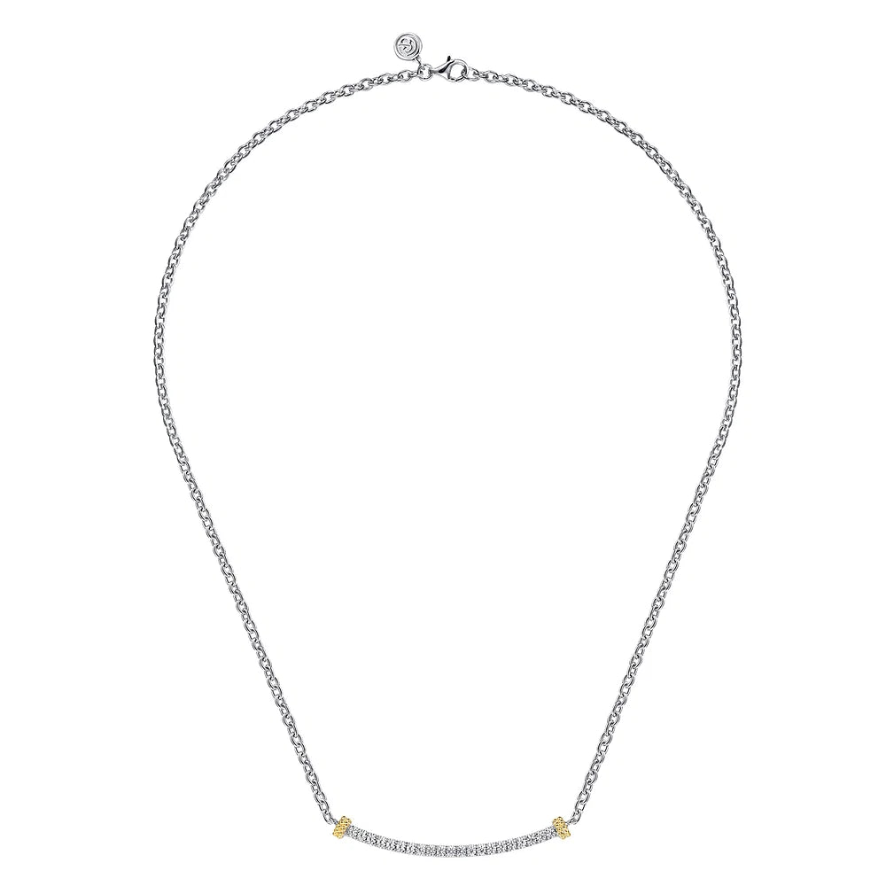 Gabriel & Co., 14K Yellow Gold and 925 Sterling Silver Bujukan White Sapphire Bar Necklace