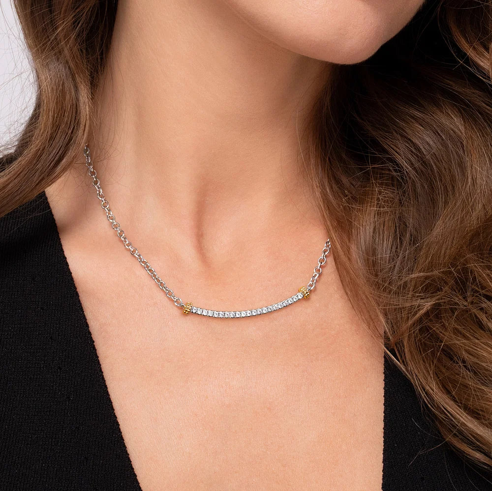 Gabriel & Co., 14K Yellow Gold and 925 Sterling Silver Bujukan White Sapphire Bar Necklace