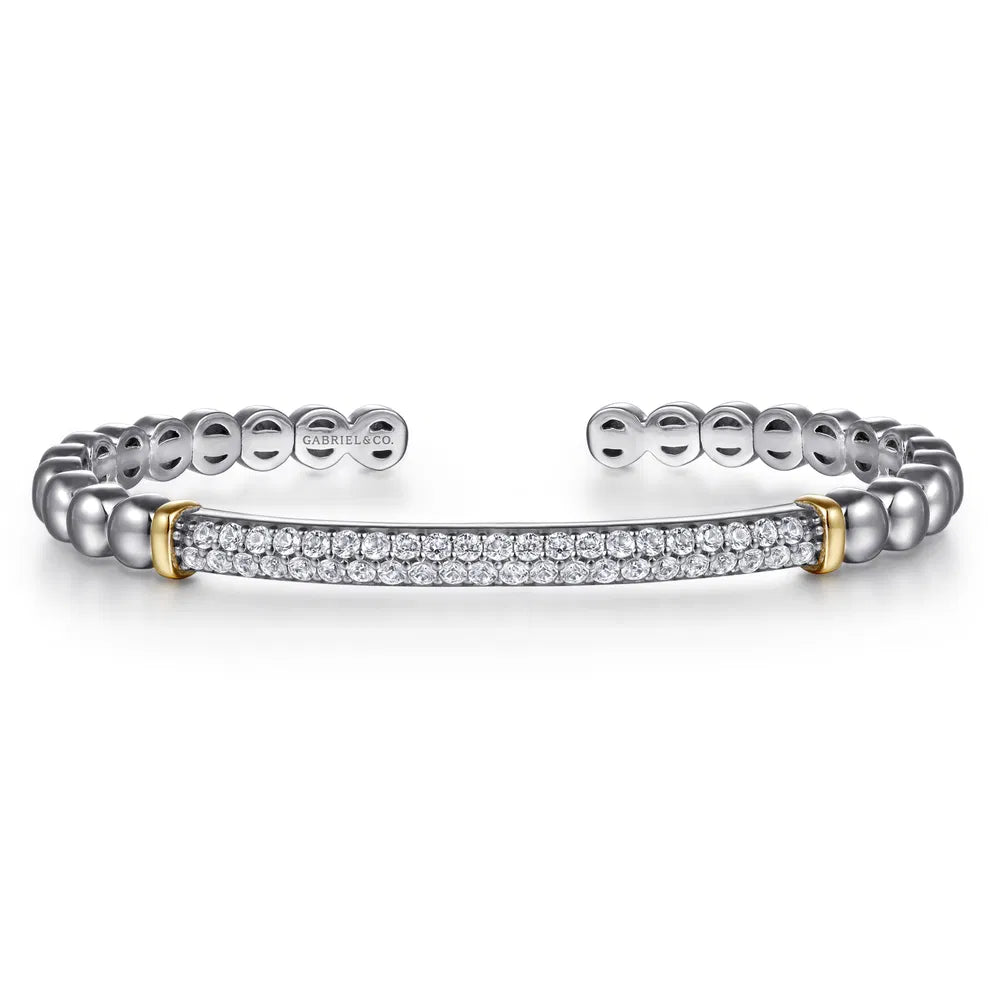 Gabriel & Co., 14K Yellow Gold and 925 Sterling Silver Bujukan White Sapphire Open Bangle Bracelet