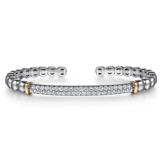 Gabriel & Co., 14K Yellow Gold and 925 Sterling Silver Bujukan White Sapphire Open Bangle Bracelet