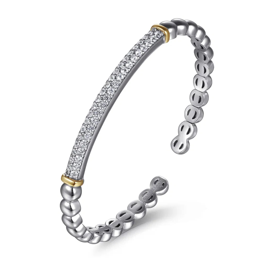Gabriel & Co., 14K Yellow Gold and 925 Sterling Silver Bujukan White Sapphire Open Bangle Bracelet