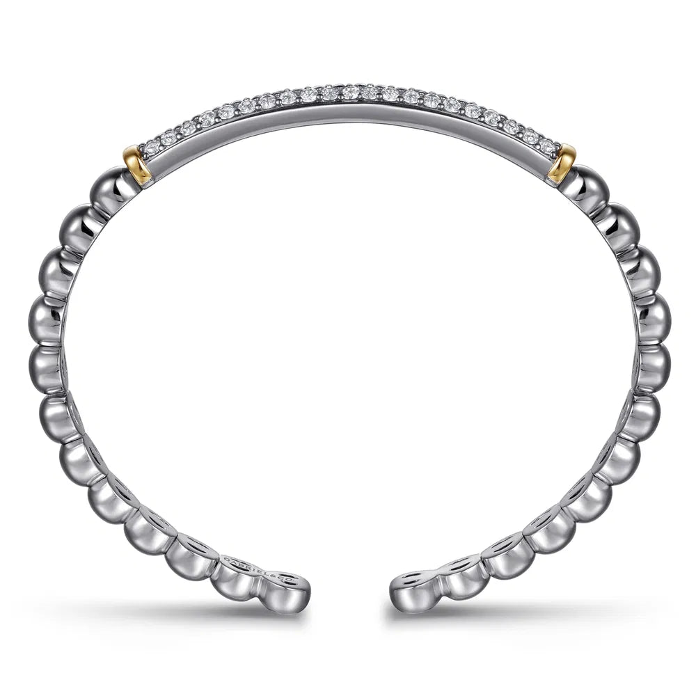 Gabriel & Co., 14K Yellow Gold and 925 Sterling Silver Bujukan White Sapphire Open Bangle Bracelet