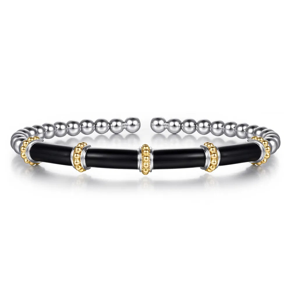 Gabriel & Co., 14K Yellow Gold and 925 Sterling Silver Bujukan and Bar Split Bangle Bracelet with Black Enamel