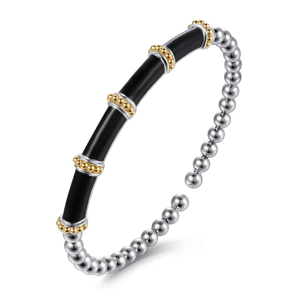 Gabriel & Co., 14K Yellow Gold and 925 Sterling Silver Bujukan and Bar Split Bangle Bracelet with Black Enamel