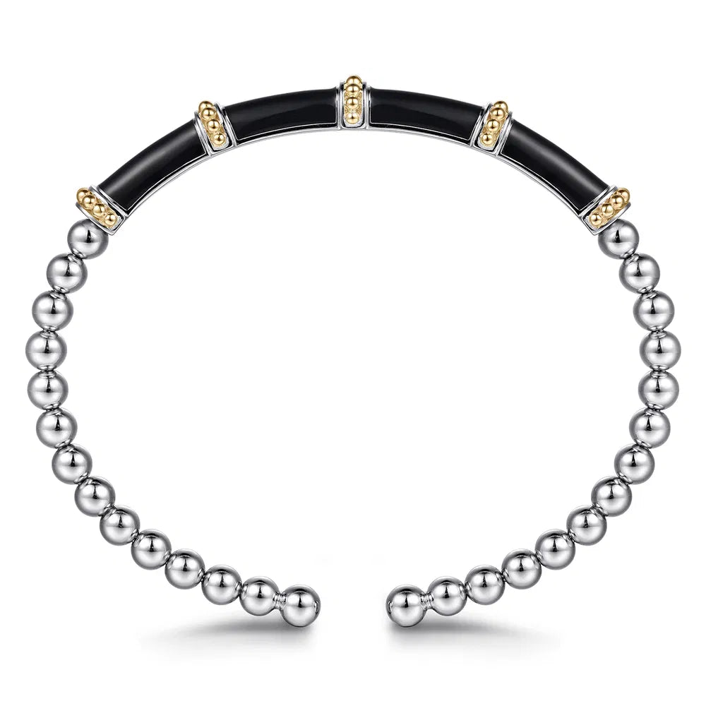 Gabriel & Co., 14K Yellow Gold and 925 Sterling Silver Bujukan and Bar Split Bangle Bracelet with Black Enamel