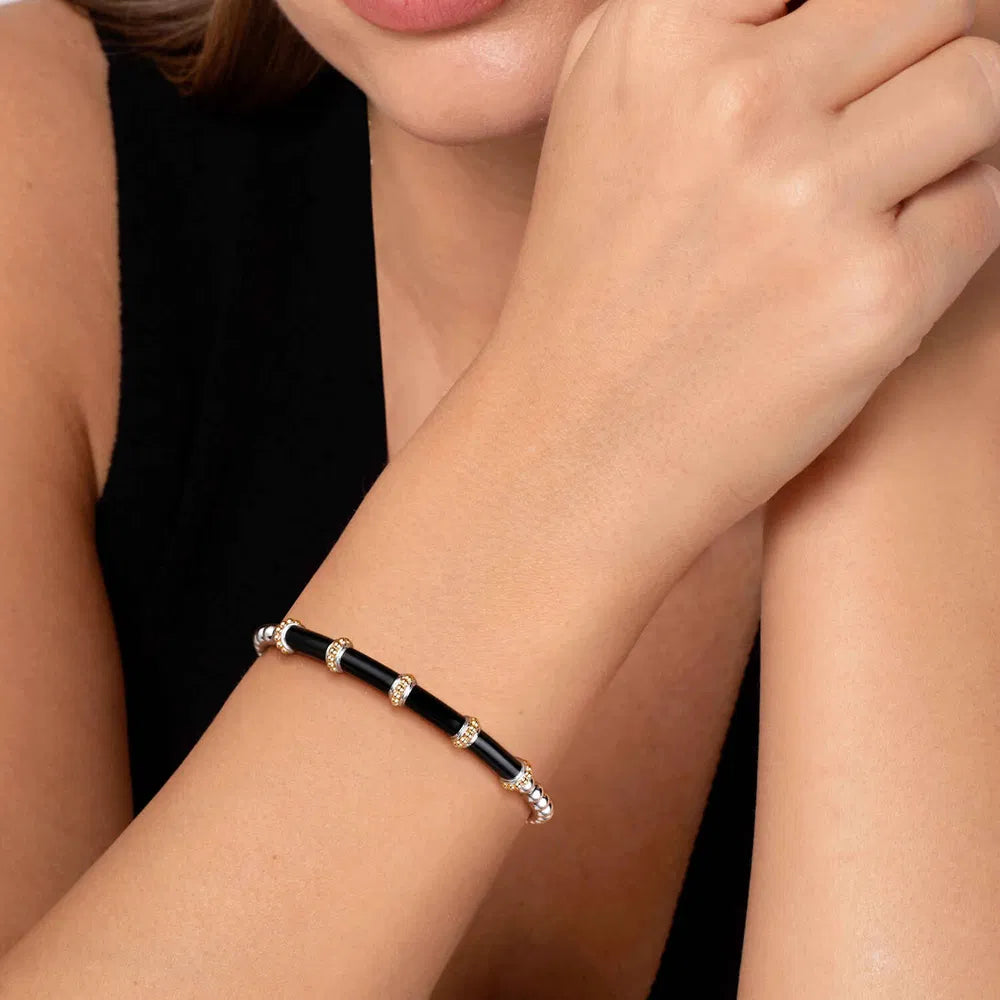 Gabriel & Co., 14K Yellow Gold and 925 Sterling Silver Bujukan and Bar Split Bangle Bracelet with Black Enamel