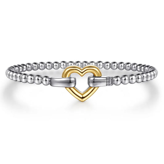 Gabriel & Co., 14K Yellow Gold and 925 Sterling Silver Heart Lock Bujukan Bangle