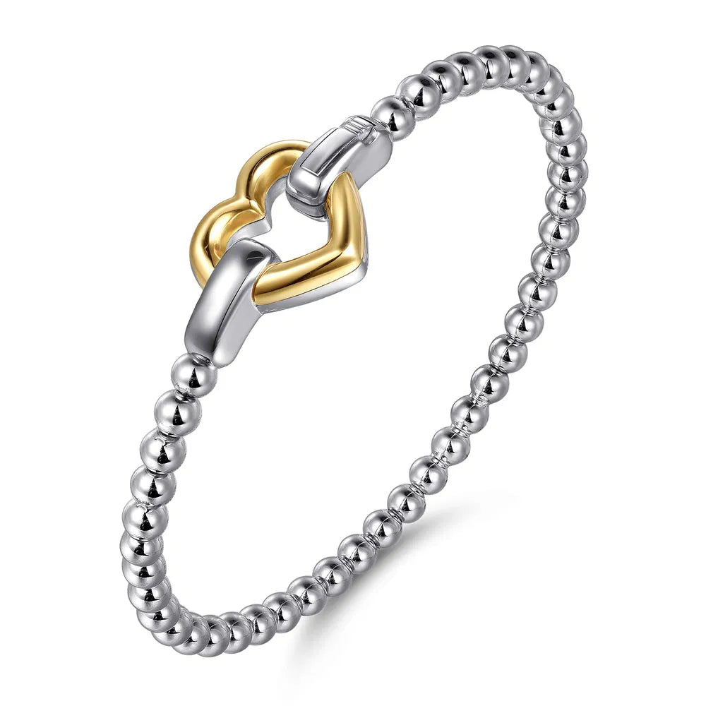 Gabriel & Co., 14K Yellow Gold and 925 Sterling Silver Heart Lock Bujukan Bangle