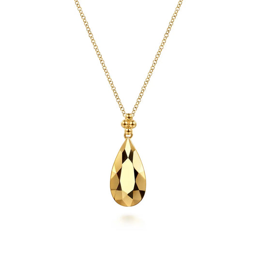 Gabriel & Co., 14K Yellow Plain Gold Bujukan and Teardrop Texture Pendant Necklace