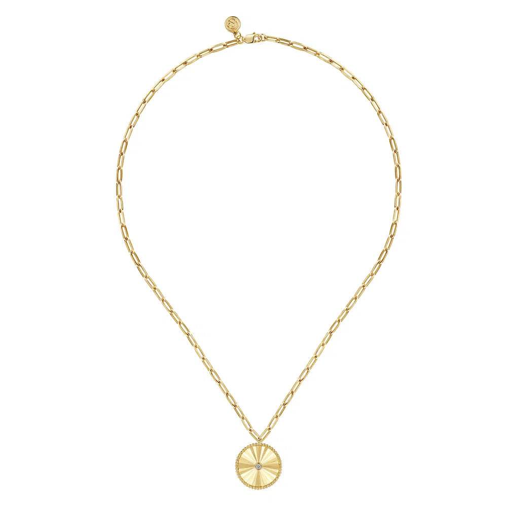 Gabriel & Co., 18 inch 14K Yellow Gold Textured Diamond Medallion Hollow Chain Necklace