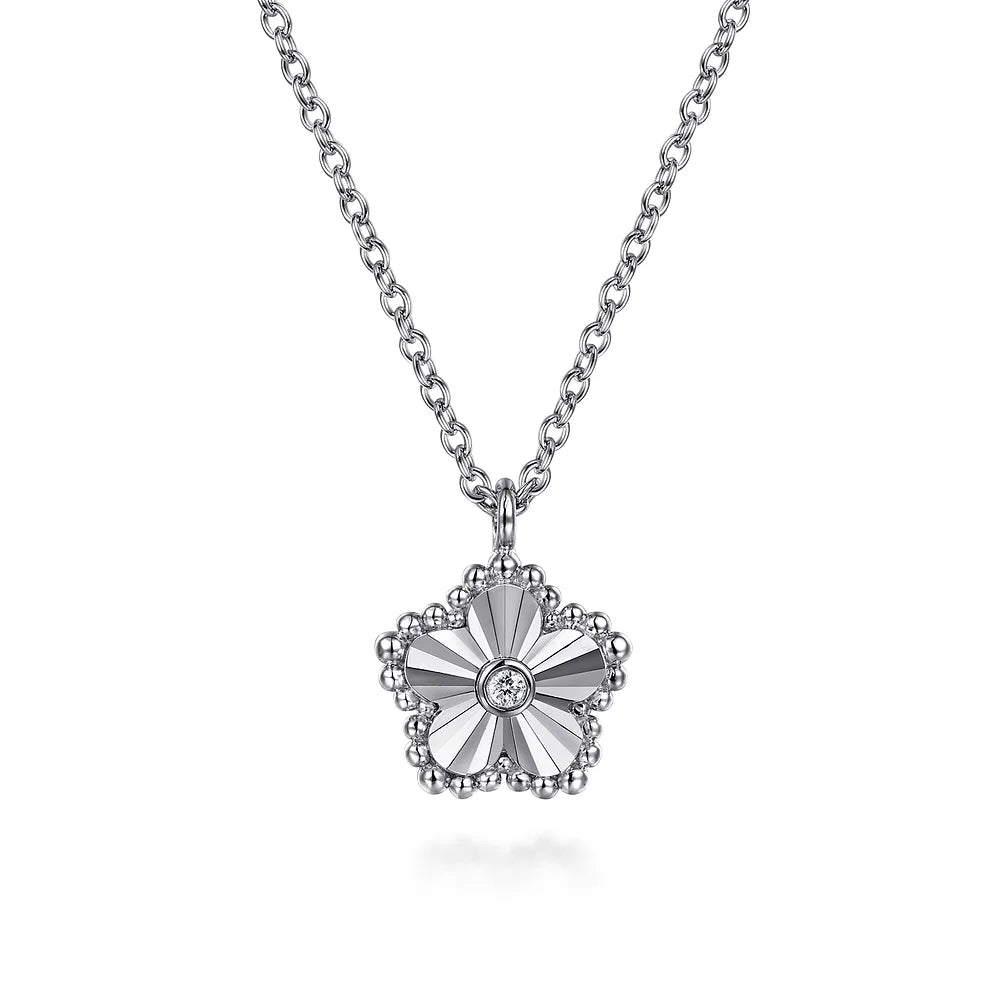 Gabriel & Co., 925 Serling Silver Diamond Bujukan Frame Flower Diamond Cut Pendant Necklac