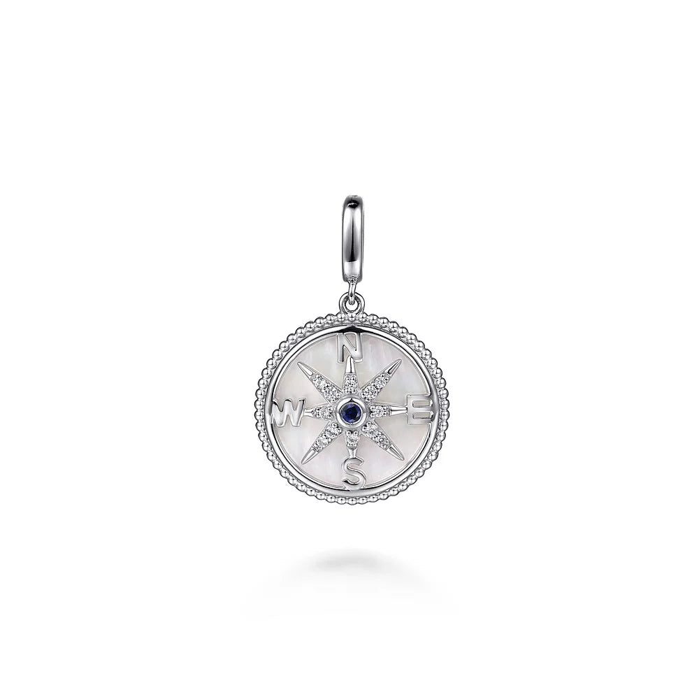 Gabriel & Co., 925 Sterling Silver 20mm Bujukan White Sapphire Compass & Mother of Pearl Medallion Pendant With Detachable Bail
