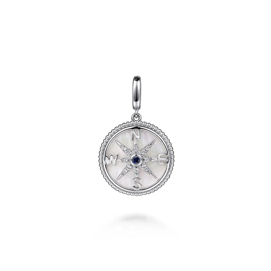 Gabriel & Co., 925 Sterling Silver 20mm Bujukan White Sapphire Compass & Mother of Pearl Medallion Pendant With Detachable Bail