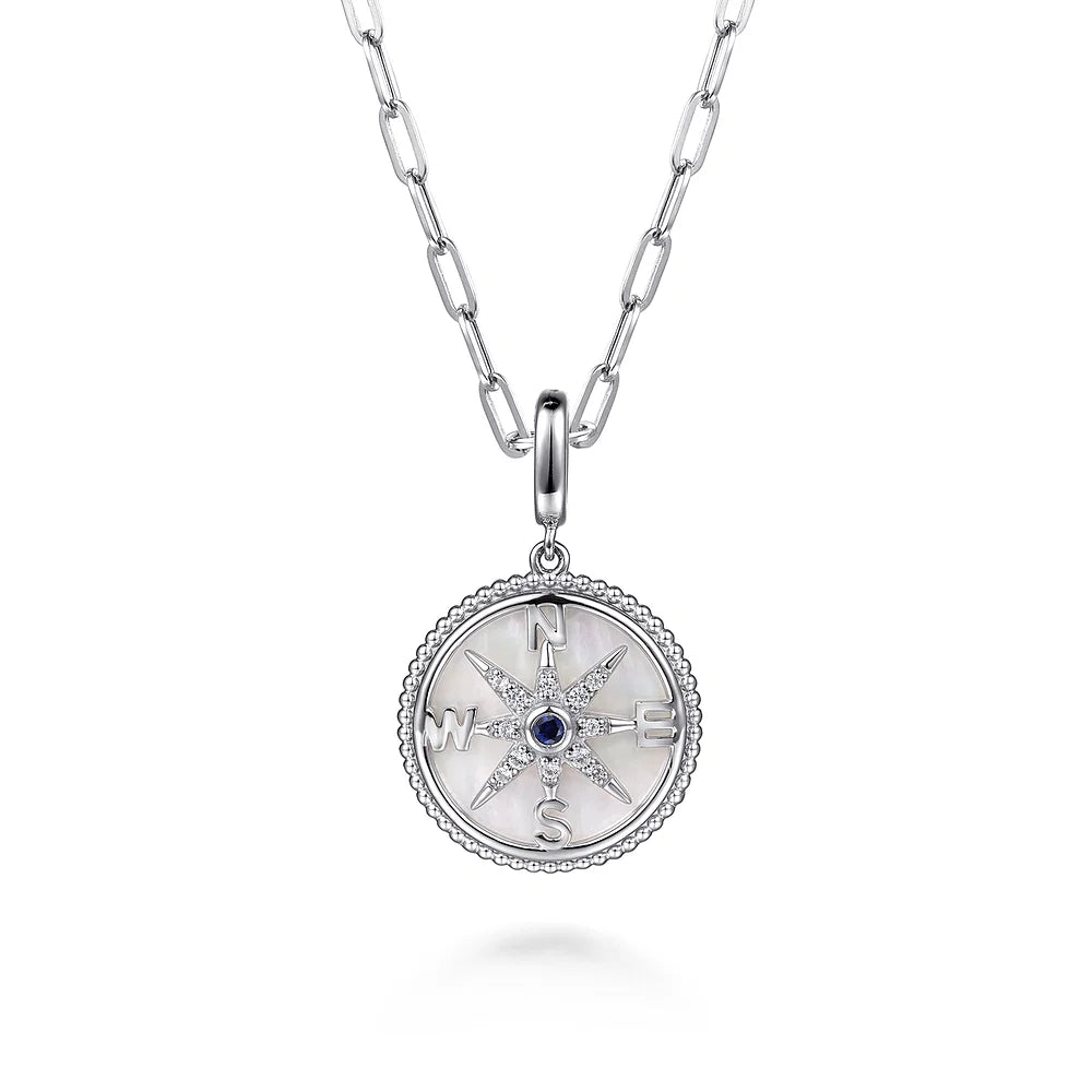 Gabriel & Co., 925 Sterling Silver 20mm Bujukan White Sapphire Compass & Mother of Pearl Medallion Pendant With Detachable Bail