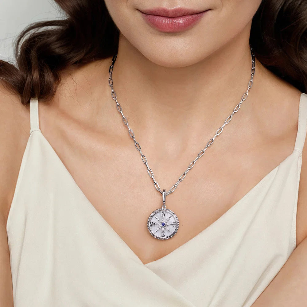 Gabriel & Co., 925 Sterling Silver 20mm Bujukan White Sapphire Compass & Mother of Pearl Medallion Pendant With Detachable Bail