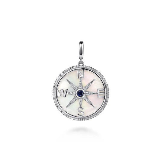 Gabriel & Co., 925 Sterling Silver 28mm Bujukan White Sapphire Compass & Mother of Pearl Medallion Pendant With Detachable Bail