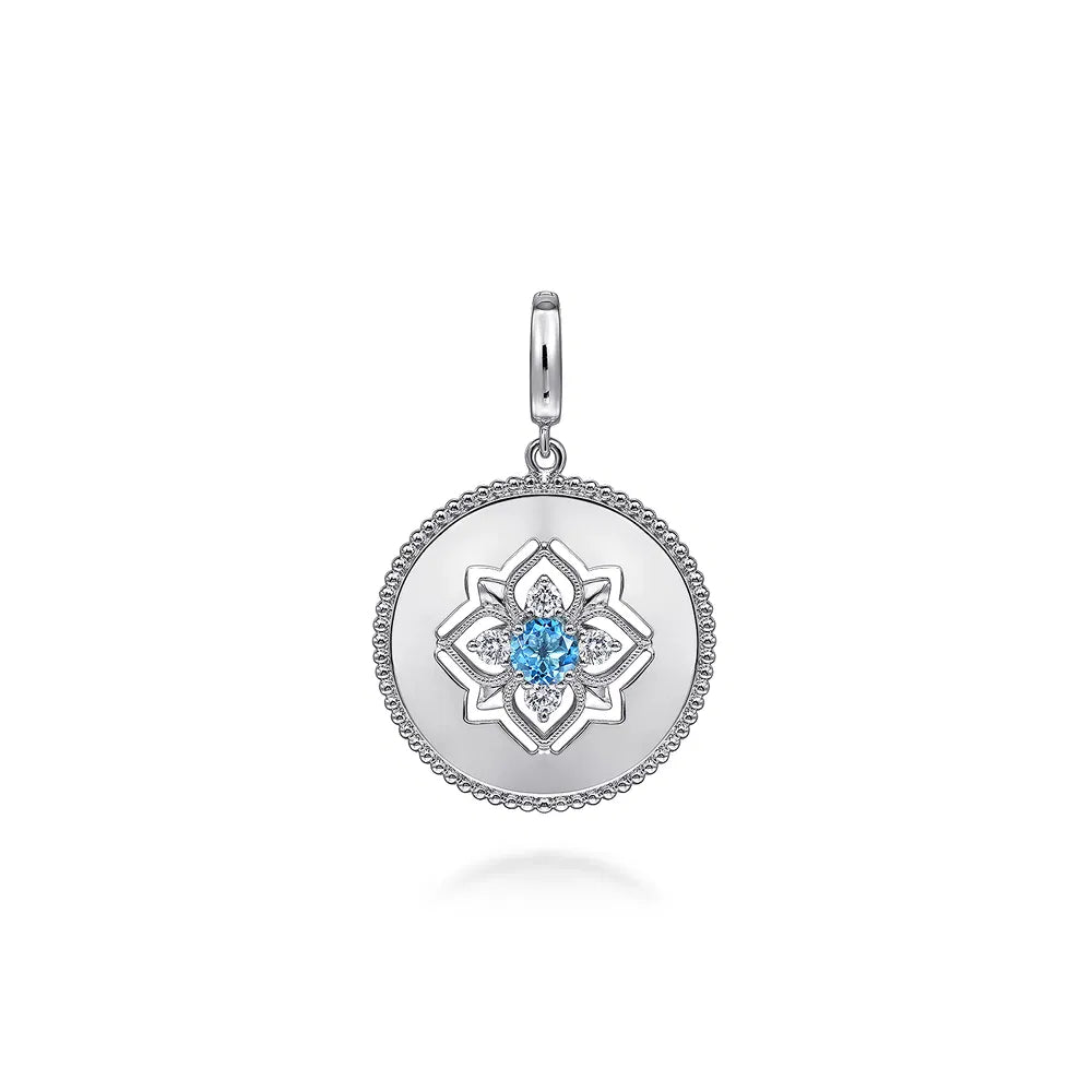 Gabriel & Co., 925 Sterling Silver Blue Topaz and White Sapphire Bujukan Medallion Pendant in size 24mm