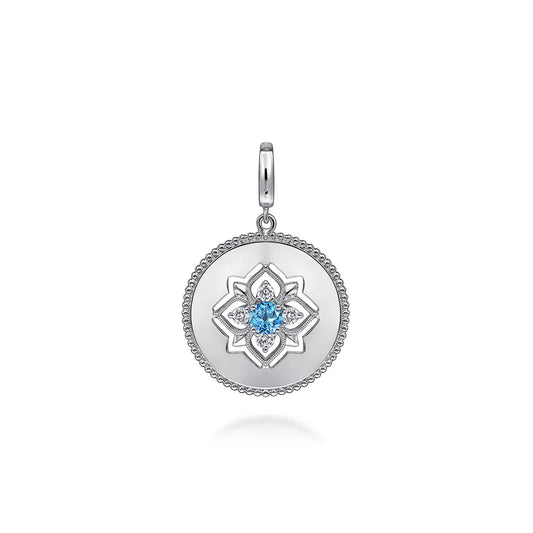 Gabriel & Co., 925 Sterling Silver Blue Topaz and White Sapphire Bujukan Medallion Pendant in size 24mm