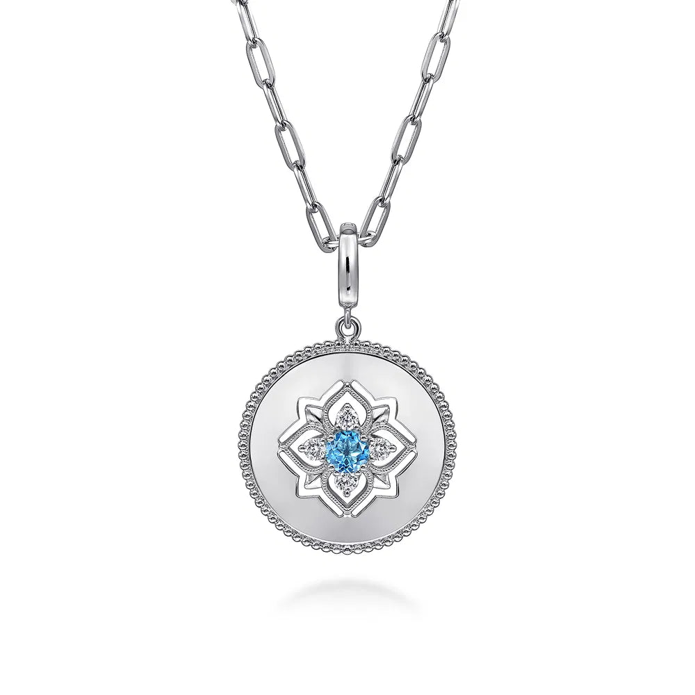 Gabriel & Co., 925 Sterling Silver Blue Topaz and White Sapphire Bujukan Medallion Pendant in size 24mm