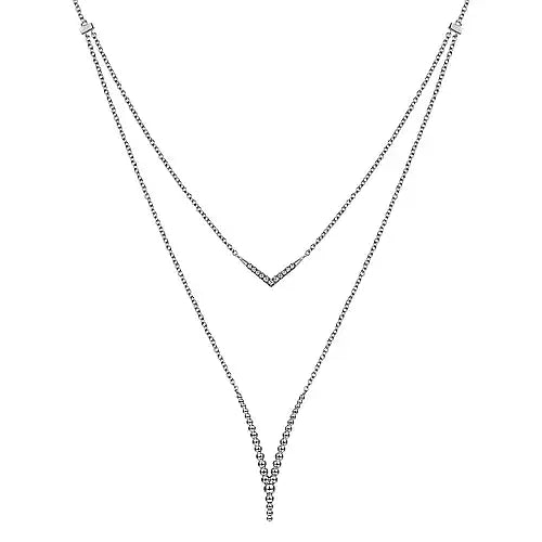 Gabriel & Co., Sterling Silver White Sapphire and Beaded Chevon Necklace