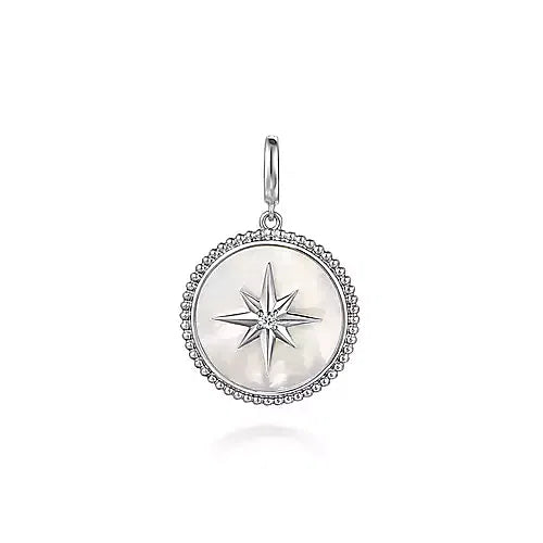 Gabriel & Co., 925 Sterling Silver Bujukan White Sapphire and Mother Of Pearl Round Starburst Medallion Pendant.