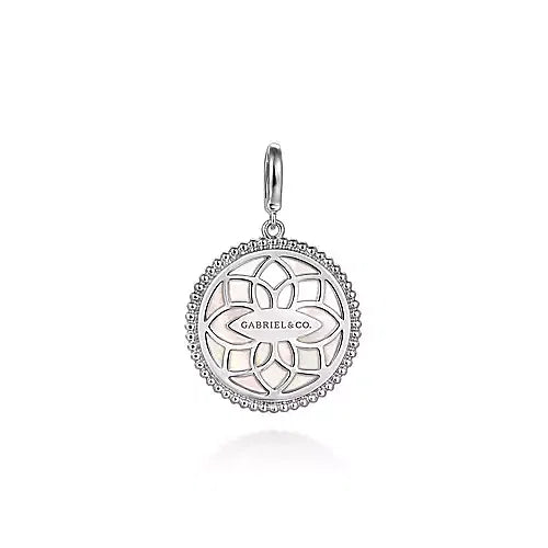 Gabriel & Co., 925 Sterling Silver Bujukan White Sapphire and Mother Of Pearl Round Starburst Medallion Pendant.