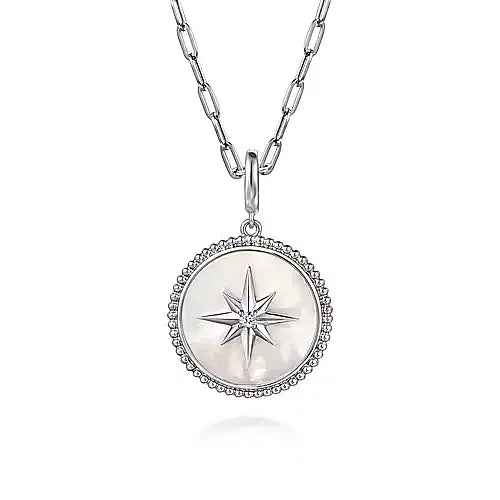 Gabriel & Co., 925 Sterling Silver Bujukan White Sapphire and Mother Of Pearl Round Starburst Medallion Pendant.