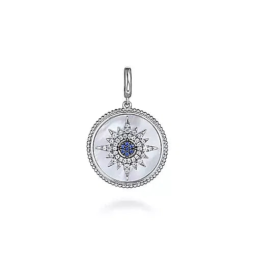 Gabriel & Co., Silver Starburst Blue Sapphire and White Sapphire Bujukan Medallion Pendant in size 24mm