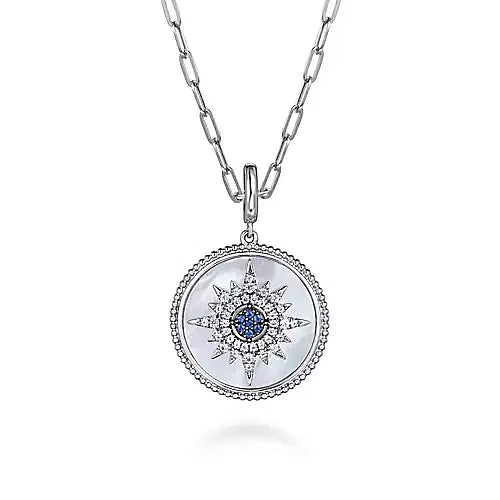 Gabriel & Co., Silver Starburst Blue Sapphire and White Sapphire Bujukan Medallion Pendant in size 24mm