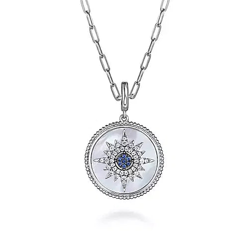 Gabriel & CO., Silver Starburst Blue Sapphire and White Sapphire Bujukan Medallion Pendant in size 24mm