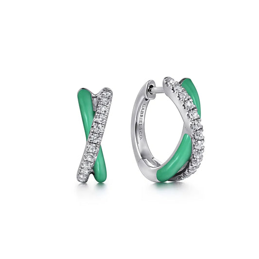 Gabriel & Co., 925 Sterling Silver White Sapphire Criss Cross Huggies with Mint Green Enamel